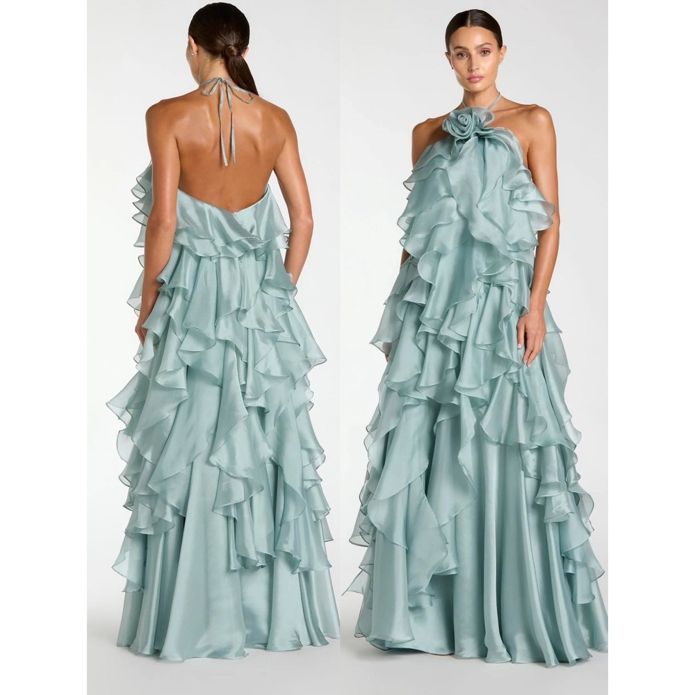 Mac Duggal Blue Halter Neck Open Back Trapeze Ruffle Gown - Size Large